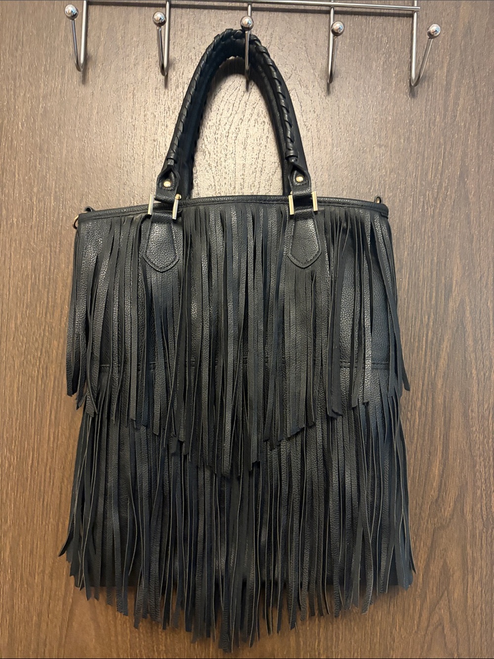 H&M Fringed Black Leather Tote Bag for Women